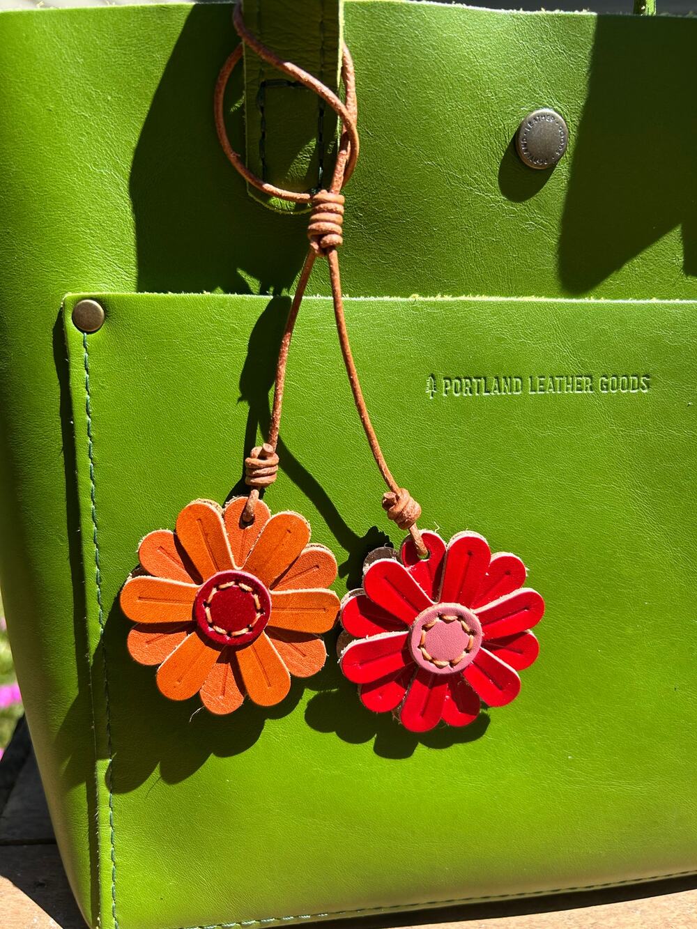 Genuine Leather Red Brown Daisy Bag Charm Flowers Purse Charm